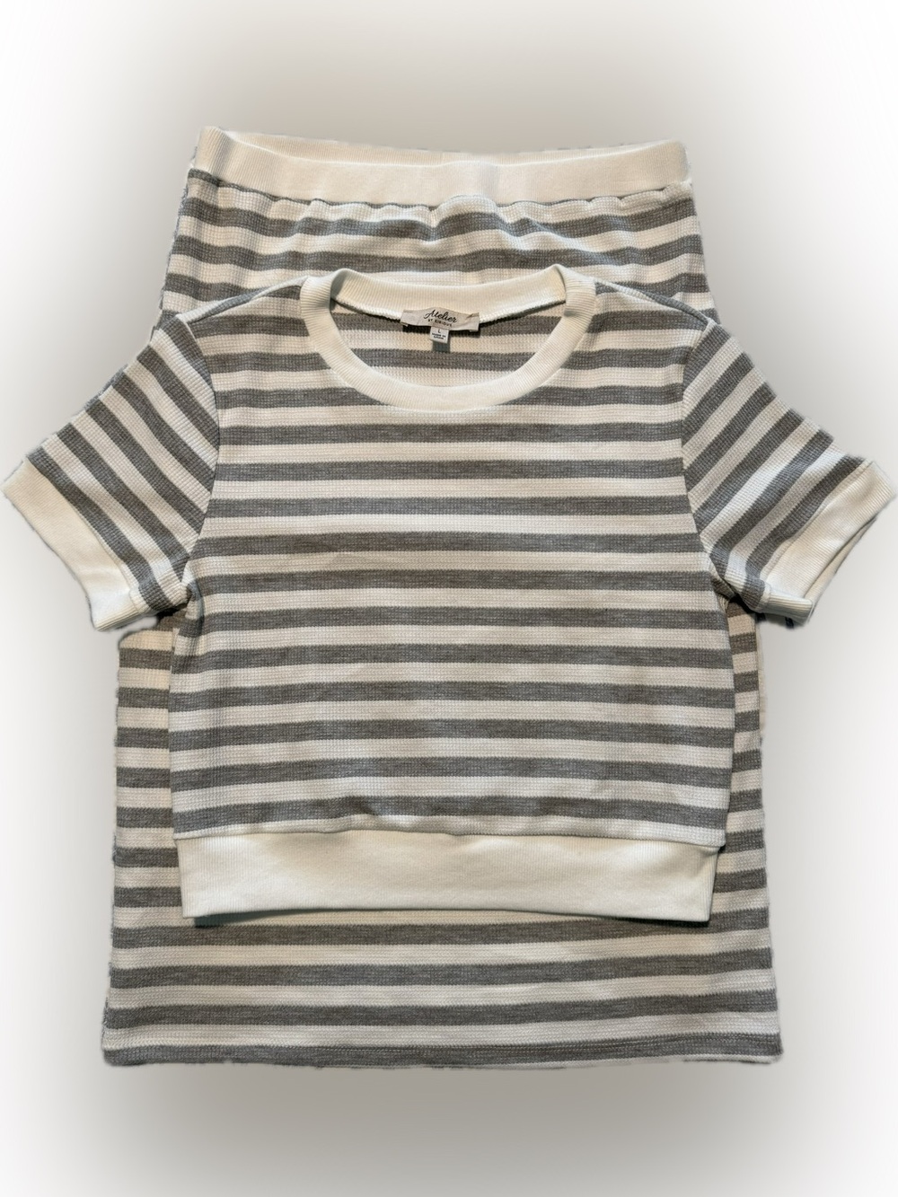 Women’s Striped Short Sleeve Crop Top and Skirt Set in gray & white